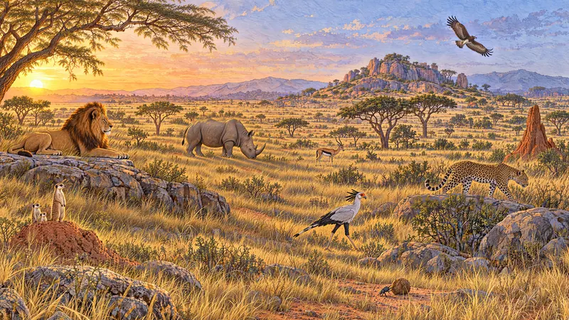 Illustrated African savanna with open grassland, scattered trees and a winding river.