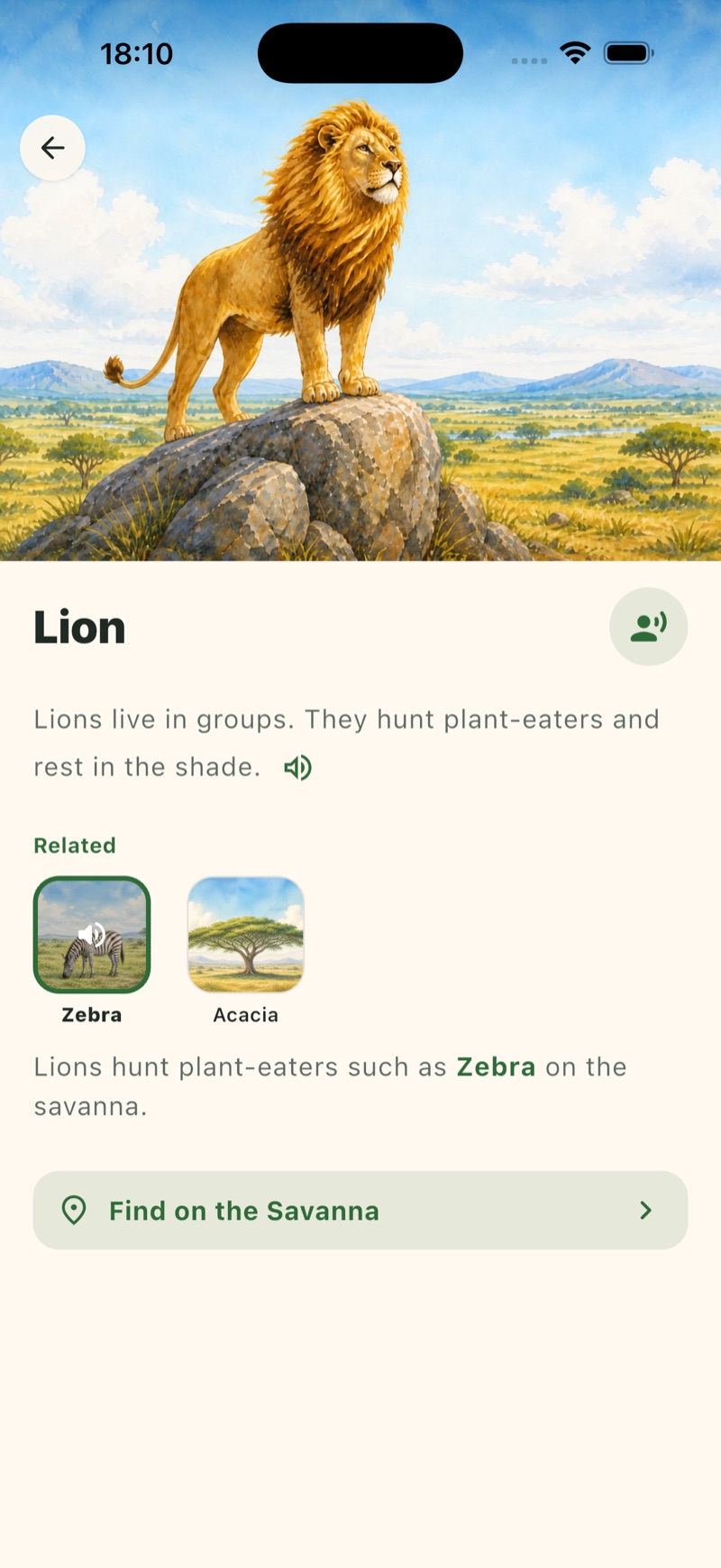 Lion detail page in the app
