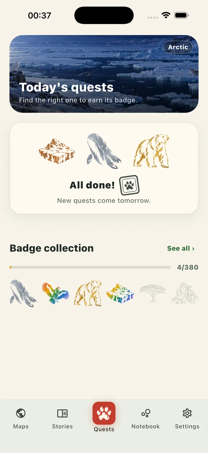 Today’s quests on the Quests tab with badge rewards