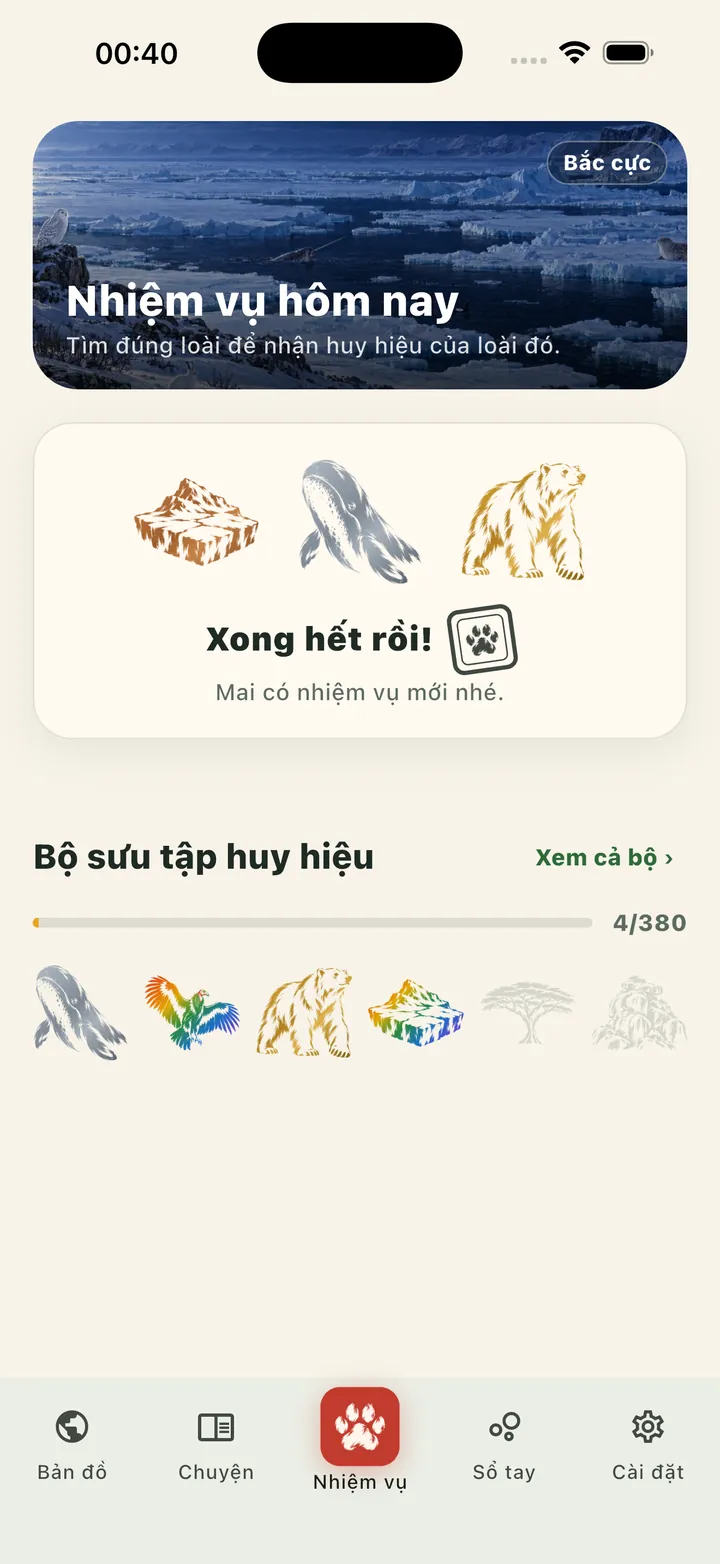 Nhiệm vụ hôm nay trên tab Nhiệm vụ với phần thưởng huy hiệu